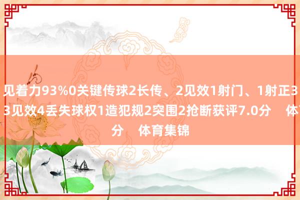 见着力93%0关键传球2长传、2见效1射门、1射正3回击、3见效4丢失球权1造犯规2突围2抢断获评7.0分    体育集锦